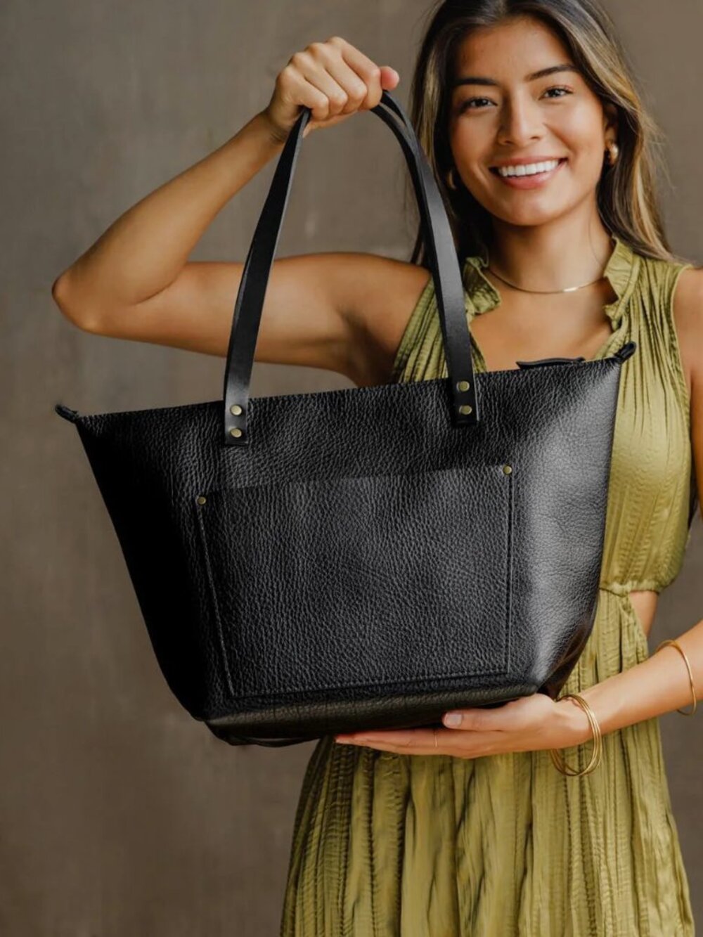 Leather Zipper Tote Bag - Pebbled Black Large